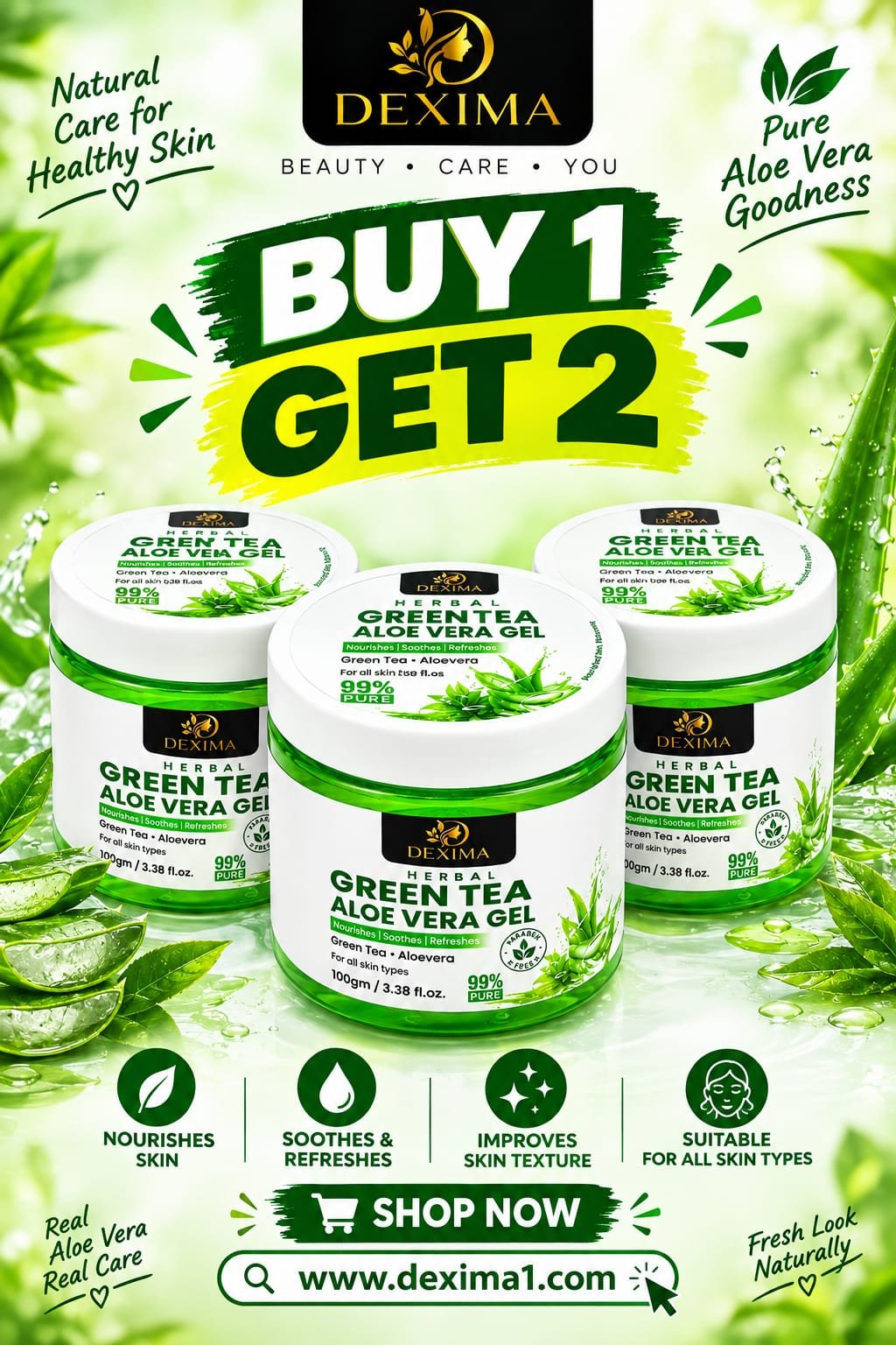 Green Tea Aloe Vera Gel 100 GM Buy 1 Get 2